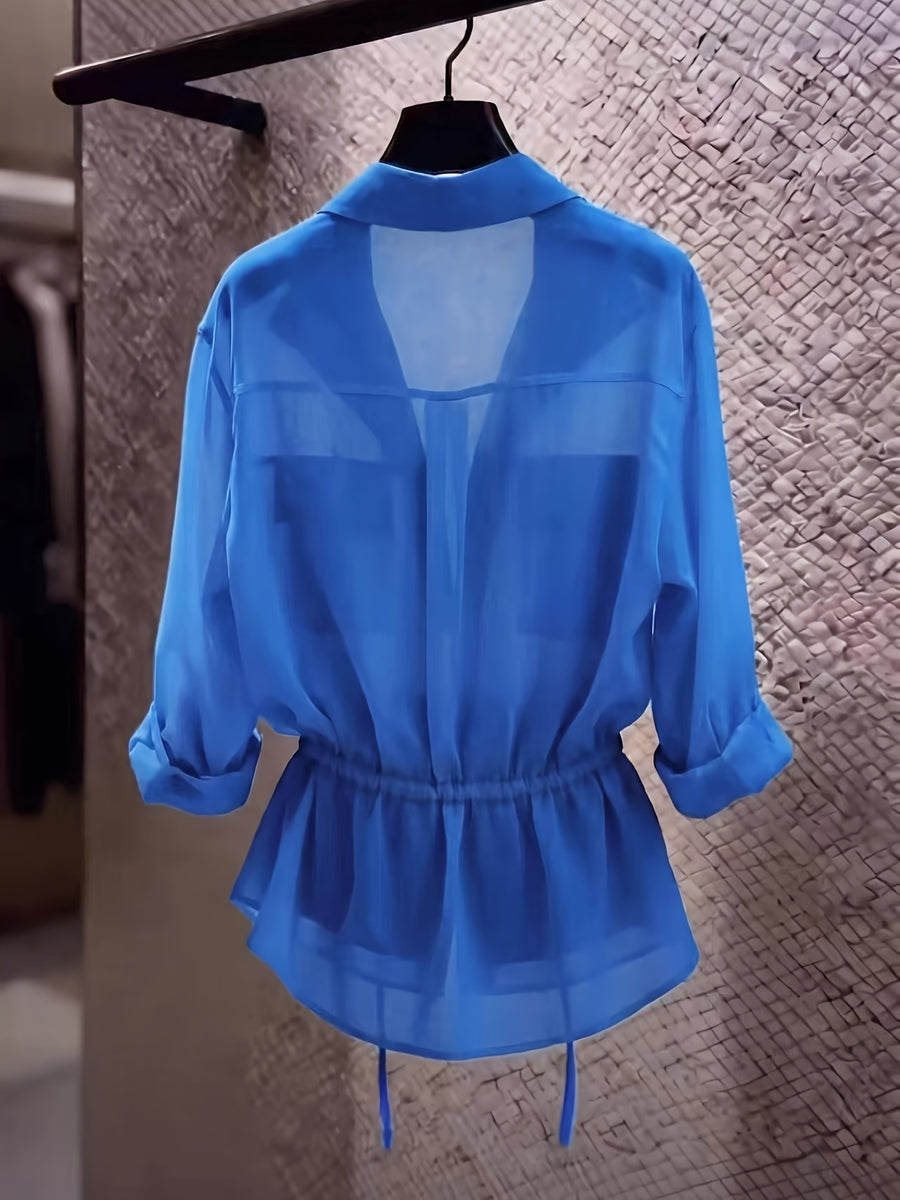Drawstring Waist Chiffon Shirt, Lapel Collar with Cargo Pockets - Blue
