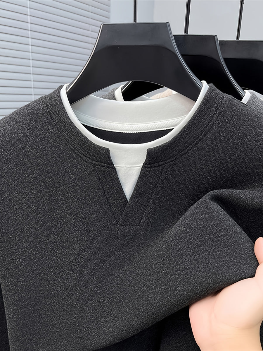 Men'S V-Neck Faux Two-Piece Long Sleeve Sweatshirt, Suitable for Commute And Casual Wear, Outerwear And Inner Wear, Regular Shoulder Long Sleeve Pullover Sweatshirt - SINBOS - Black Gray