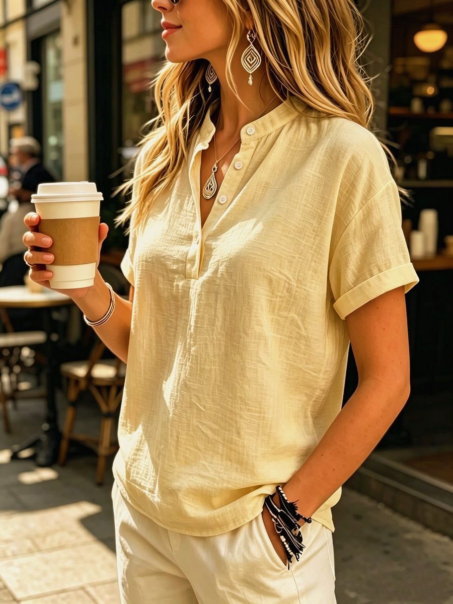 Ladies' Casual Solid Color Short Sleeve Shirt, Versatile Commuting Style Top, Loose And Comfortable, Lightweight And Breathable - Yellow