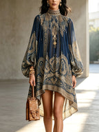 Navy Baroque Printed High Neck Irregular Chiffon Mini Dress - Sea Blue