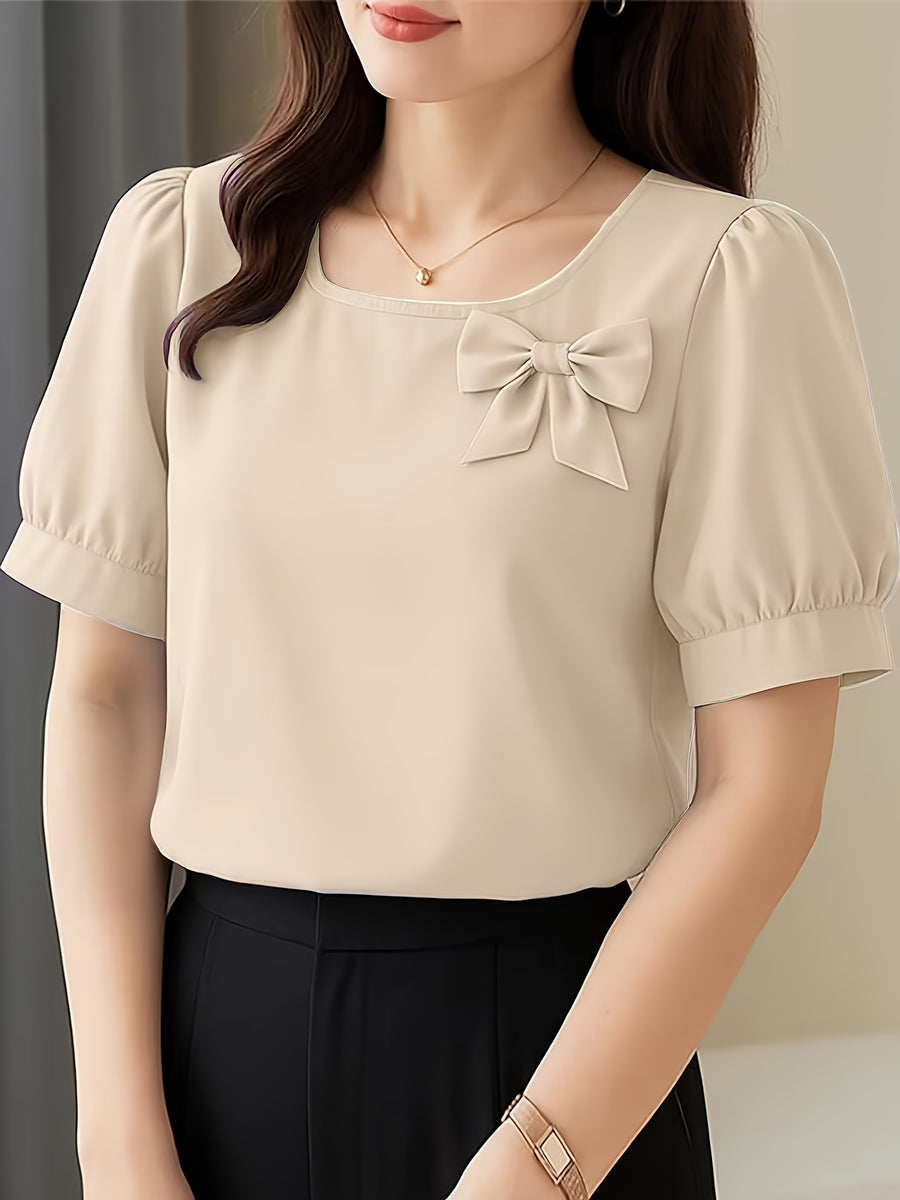 Elegant Casual Square Neck Short Sleeve Shirt with Bow and Puff Sleeves, Solid Color Top - Apricot