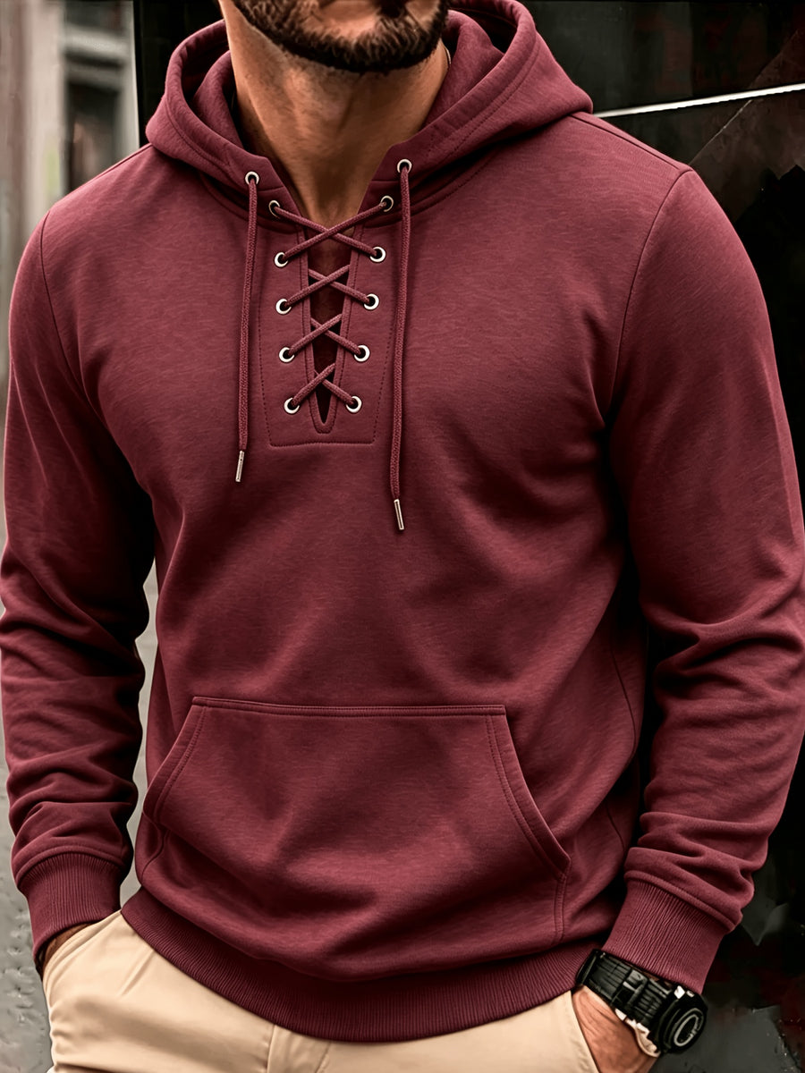 Men's Fashion Trendy Casual Solid Color Hooded Sweatshirt - Burgundy