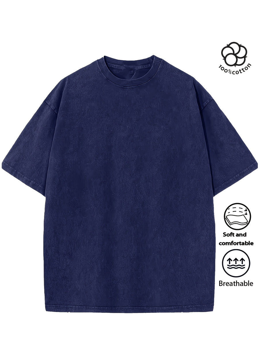 Men Heavyweight Short Sleeve T Shirt Washed Vintage Fashion Print Acid Wash Distressed Grunge Style Pure Breathable Fabric High Street Hip Hop Loose Fit Gym Fitness Workout Tops Casual Clothing 2026 - Royal Blue