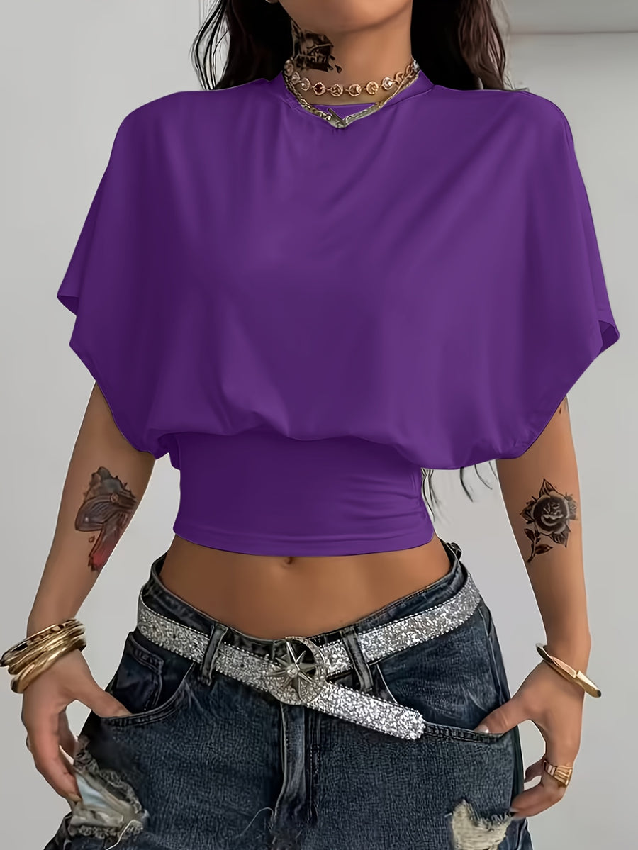 BK260403040 Women's Fashion Spring/Summer New Arrival, Stylish and Elegant, Solid Color No Print, Casual Versatile Waist-Cinching T-Shirt, Essential Basic Style—Suitable for Daily Spring/Summer Wear,, Beach, Vacation, and Home - Purple
