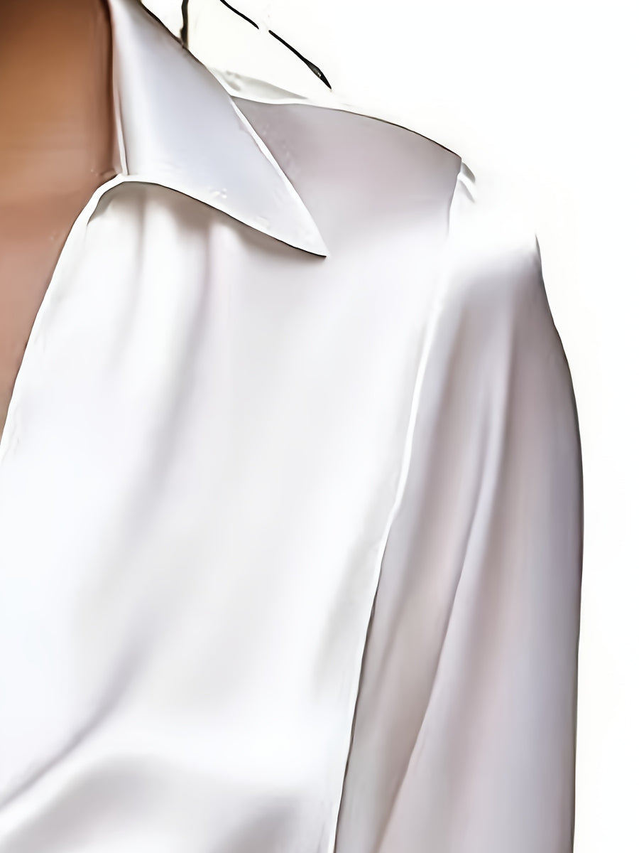 Women'S Elegant Shimmering V-Neck Long Sleeve Shirt - White