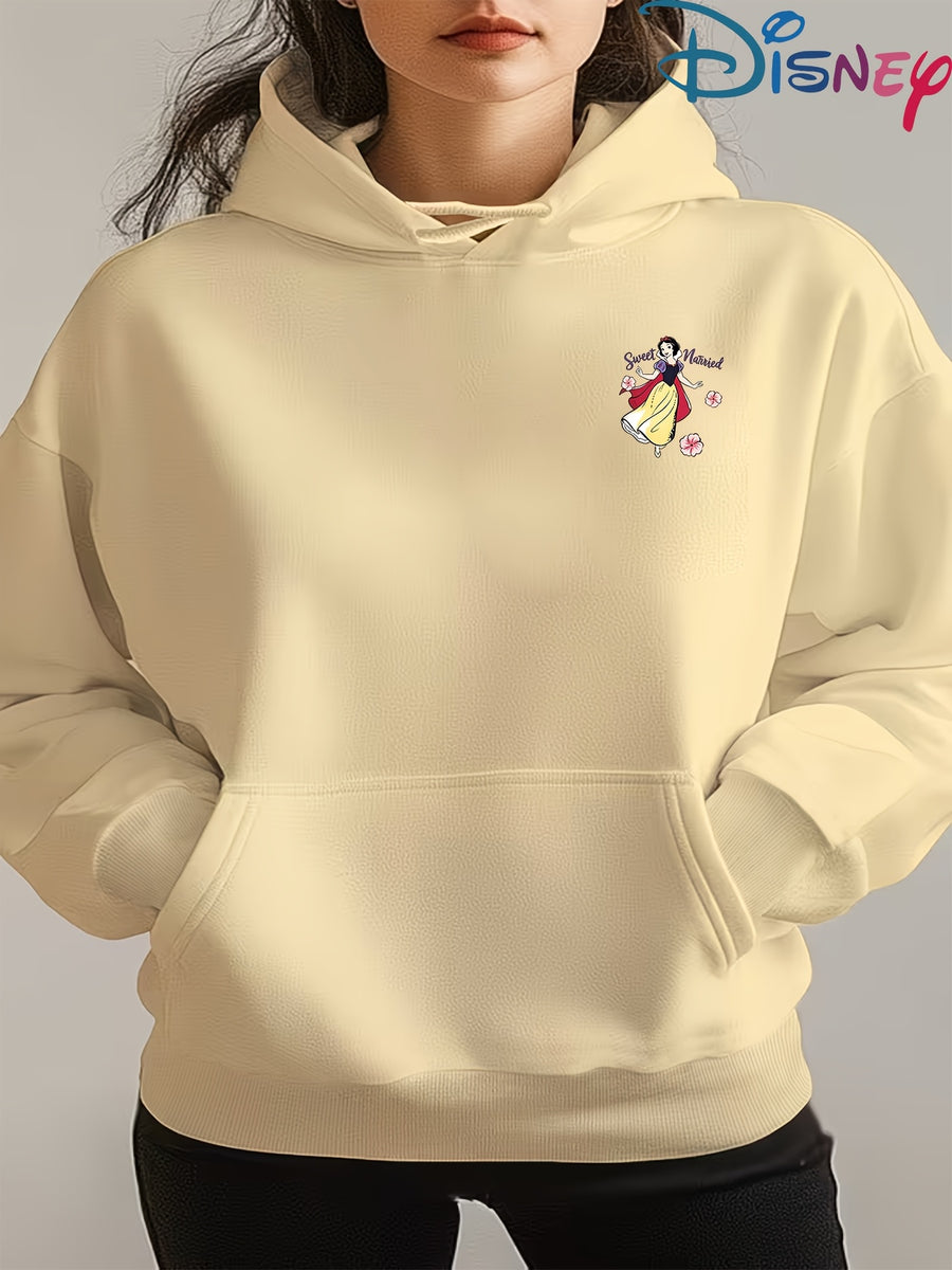Genuine Women'S Summer Clothing, Snow White Wedding Theme Cartoon Pattern with Flowers And Text Decoration, Autumn Winter Fashion Fleece-Lined Hooded Sweatshirt, Women'S Printed Casual Elegant Top, Cute Top - Apricot