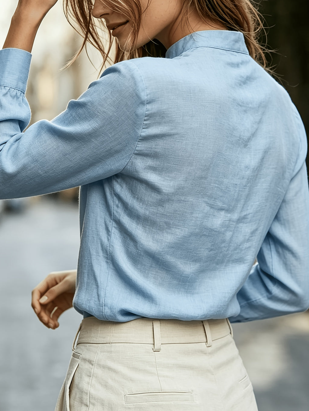 Long Sleeve Shirt for Women, Commute Blouse with Stand Collar - Sky Blue