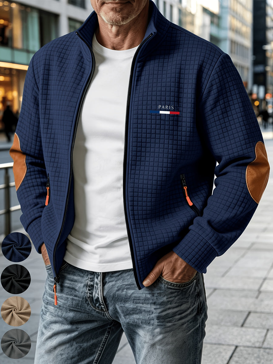 [Pearson OBM] Men'S Autumn Winter Sports Short Collar Jacket, Classic Print Design, Zippered Pockets Fashionable Small Plaid Textured Fabric, Elbow Classic Color-Block Casual Coat, Spring Autumn Versatile Zippered Cardigan Top, Suitable for Gifting - pa-cyan