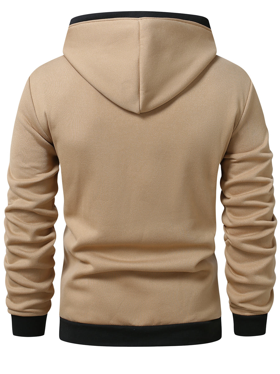 Men'S Color-Block Hooded Cardigan College Style Sweatshirt Casual Fashion Jacket Design Black Pattern Print Fleece Warm Autumn And Winter Long-Sleeved Top - Khaki