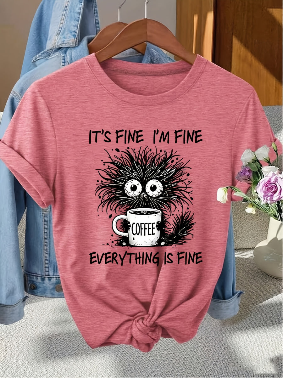 Women'S Funny Black Cat Coffee Lover Graphic T-Shirt - Soft Breathable Tee with "It'S Fine I'M Fine" Slogan, Casual Short Sleeve Round Neck Top for Casual Attire, Cat Tshirt, Comfortable Fit Shirt, Weekend Attire, Playful Design, Quality Print - Brick Red
