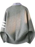Du Jing Lan OBM 1pc Autumn/Winter New Arrival Men's Knit Cardigan, Old Money Style Contrast Color Single-Breasted 2-in-1 Look Lapel Open-Front Knit Cardigan, Men's Business Casual Fashion Open-Front Knit Cardigan Top, Suitable for Layering in Spring - Grey