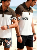 [2pcs Set] Men'S Fashion Classic Corduroy Casual T-Shirt Individual Contrast Patchwork Half-Open Button Design Suitable for Daily Casual Fashion Easy Outing Commute Street Trend Summer New Short Sleeve Shirt - Apricot