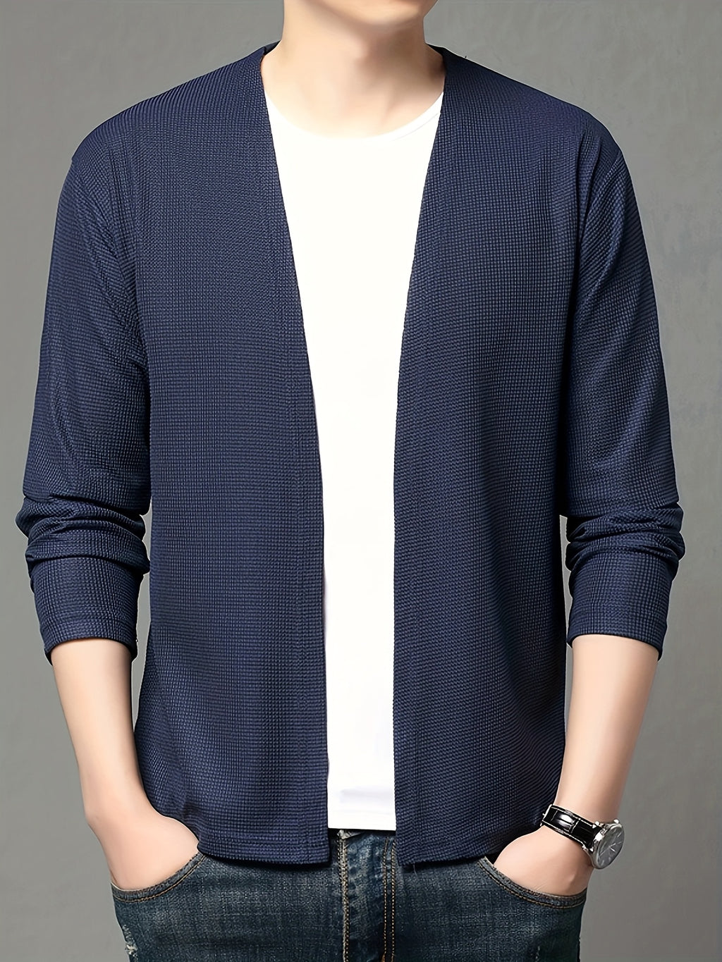 Men's Spring Casual Fashion Cardigan Jacket, for Home and Leisure, Skin-friendly and Comfortable, Versatile and Stylish - Navy Color