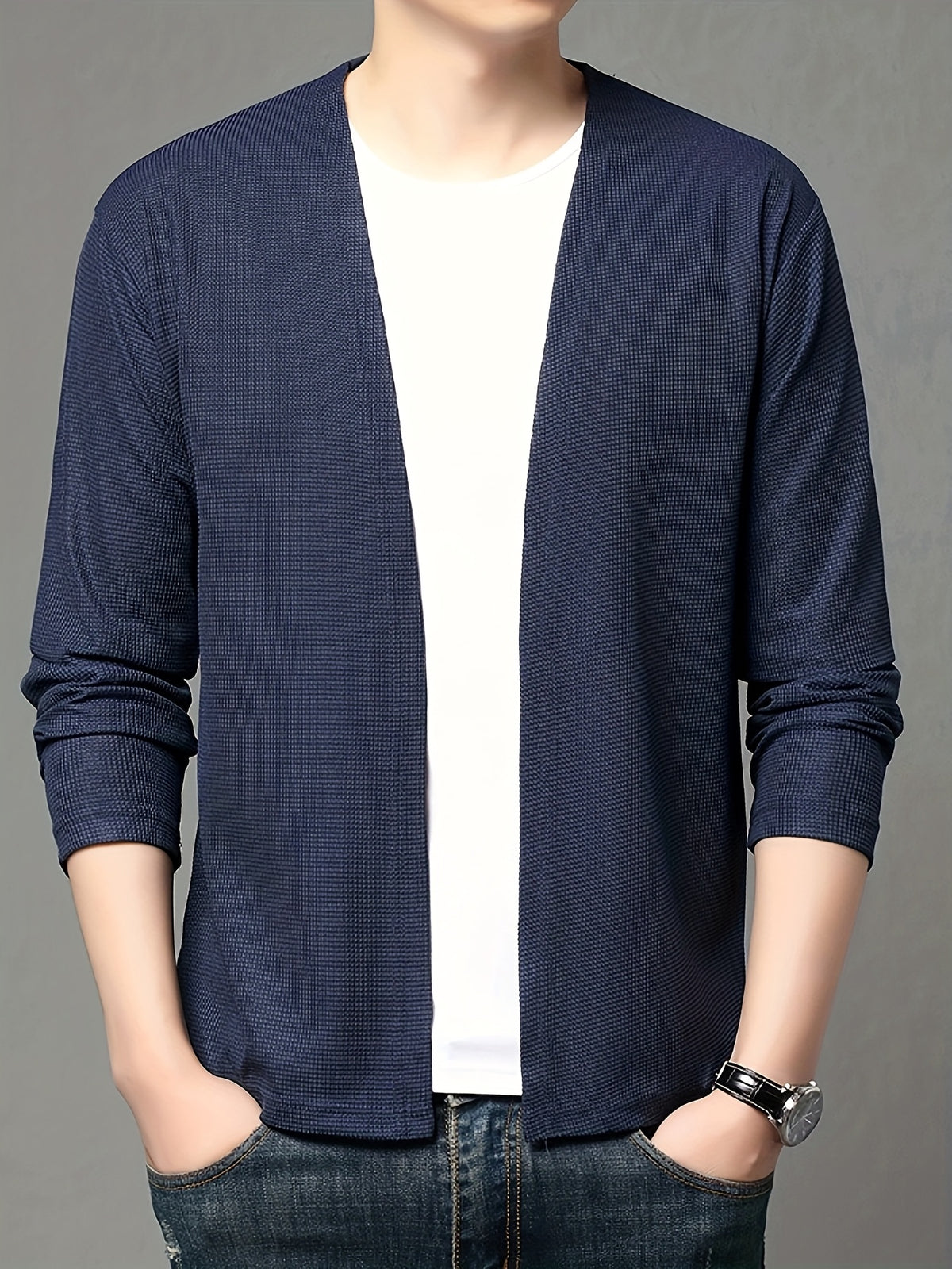 Men's Spring Casual Fashion Cardigan Jacket, for Home and Leisure, Skin-friendly and Comfortable, Versatile and Stylish - Navy Color