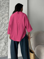 Fashion Spring Summer Women'S Off-Shoulder Puff Sleeve Button-Up Elegant Loose Shirt Lapel - Rose Red