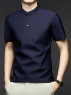 Men's Summer Mid-Life Seamless Stand Collar Short Sleeve T-Shirt, Solid Color Polyamide-Spandex Breathable Half-Sleeve Tee - Deep Navy Blue