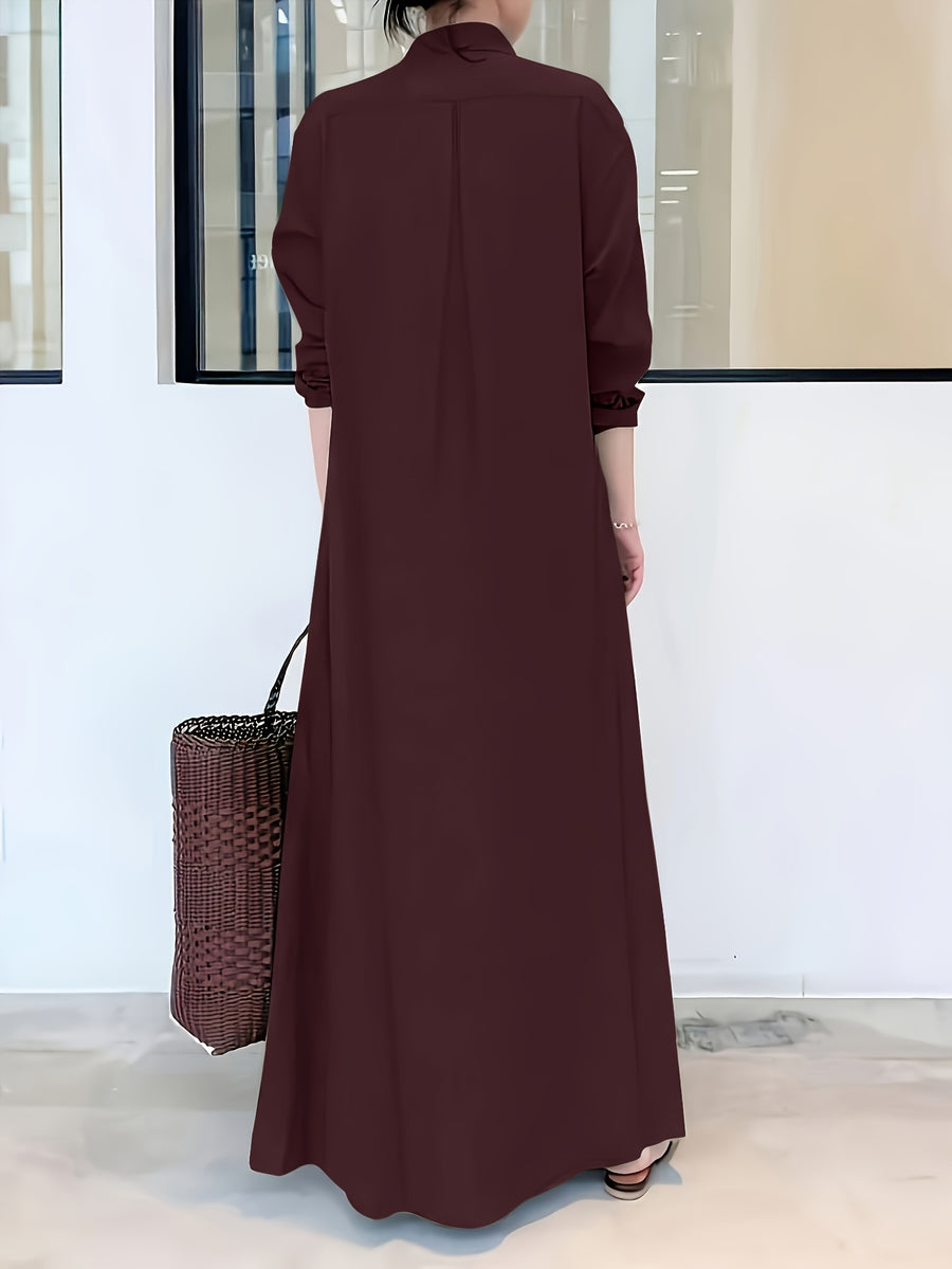 Elegant Long-sleeve Loose-fit Maxi Dress, Suitable for Spring and Autumn, Women's Clothing - Deep Red