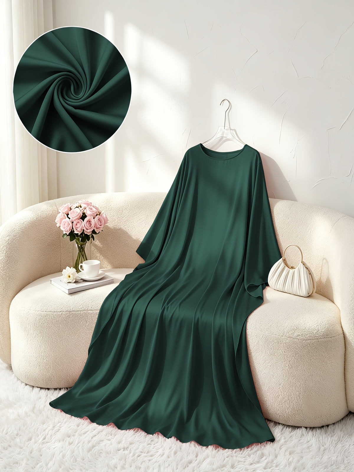 1pc Fashion Satin Color Shirt Elegant Vacation Comfortable Loose Long Sleeve Solid Color Easy Breathable Casual Women'S Abaya Dress. Abayas for Women Muslim Khimar Bayan Dresses Jibba Tunisian Women'S Jilbab Muslim Women - Dark Green