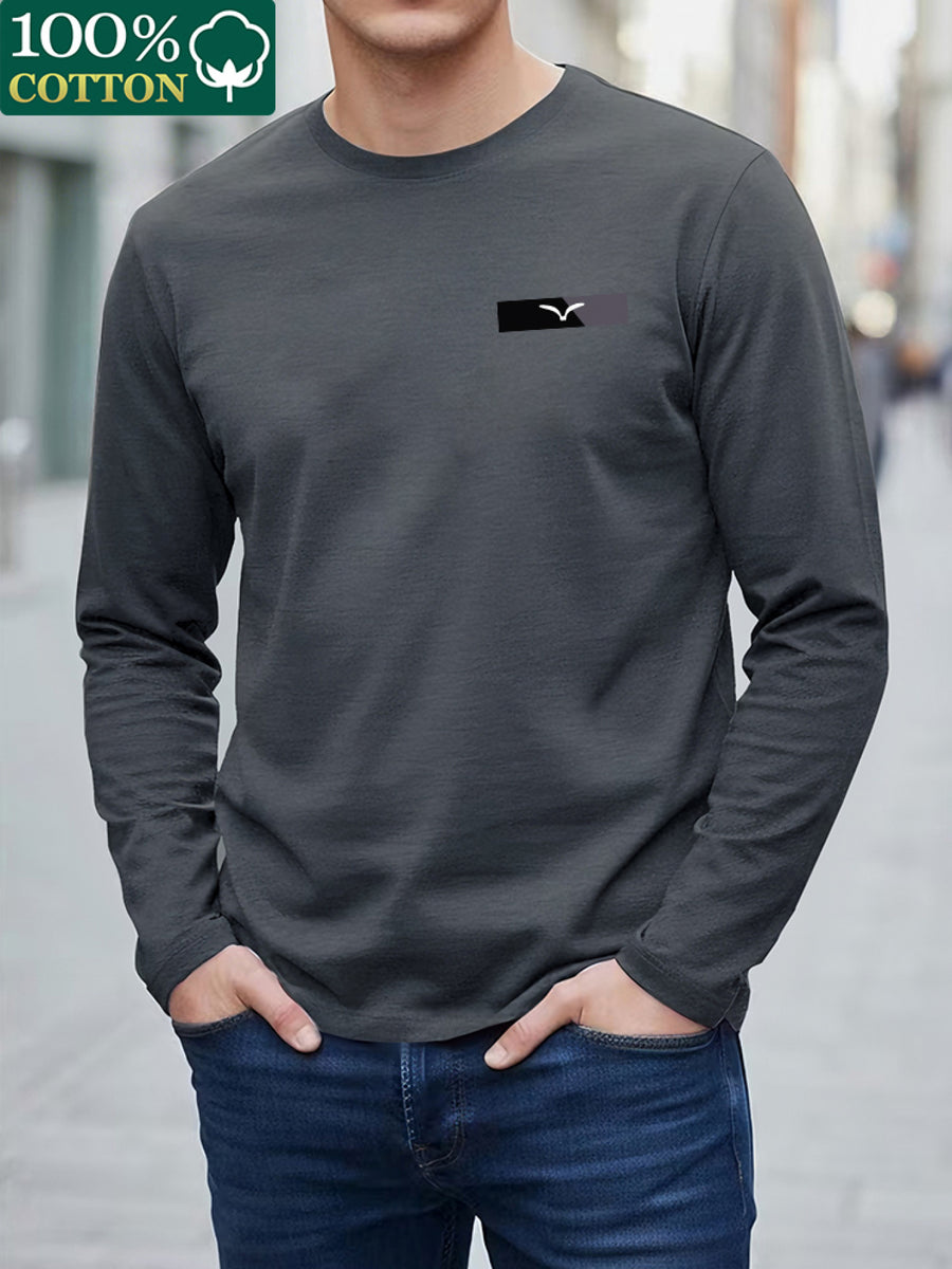 100% T-shirt, Men's Crew Neck Long Sleeve T-shirt, Trendy Seagull Graphic Print Design, Suitable for Casual Wear and Outdoor Activities - Dark Gray