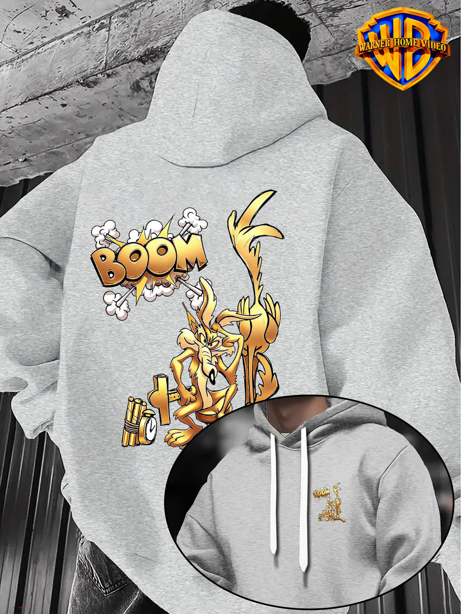 Warner Bros Official 1pc, Vintage Monochrome Gilded Original Art BOOM Exploding Crooked Heart Wolf Cartoon Streetwear Hoodie - Men's Fashion Hoodie, Double-Sided Front and Back Print, Adjustable Drawstring Loose and Comfortable Sweatshirt - Light Grey