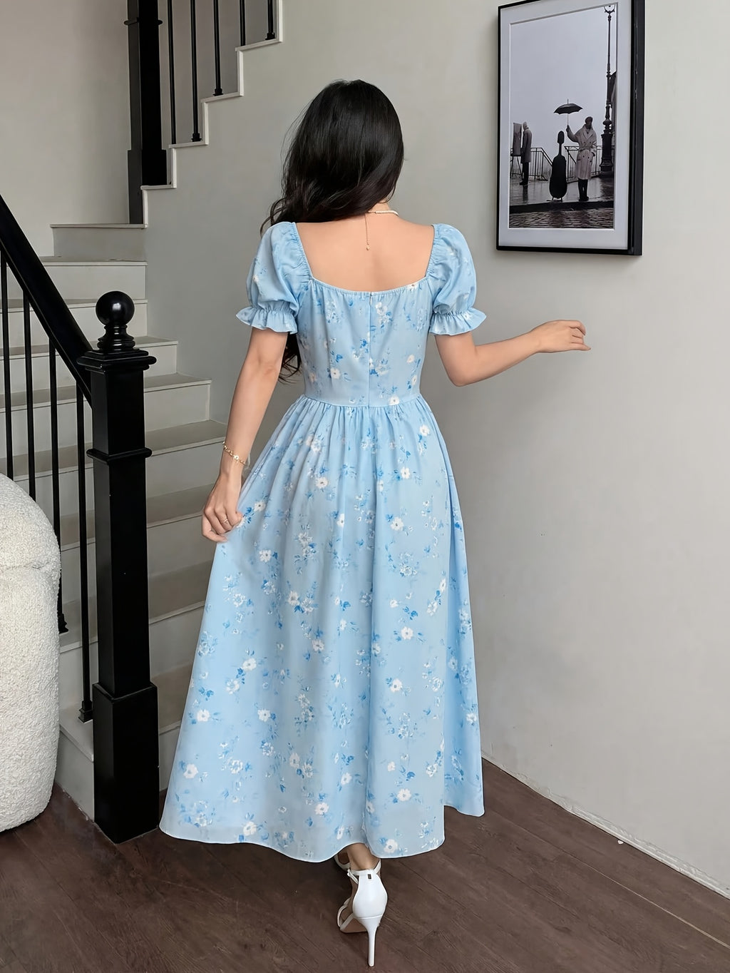 Charming Romantic Dumb Flower Patchwork Lace Collar Long Sleeve Waist-Cinching Elegant Dress, Vacation Wear, Women'S Dress - Light Blue