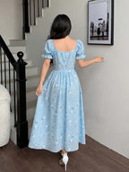 Charming Romantic Dumb Flower Patchwork Lace Collar Long Sleeve Waist-Cinching Elegant Dress, Vacation Wear, Women'S Dress - Light Blue