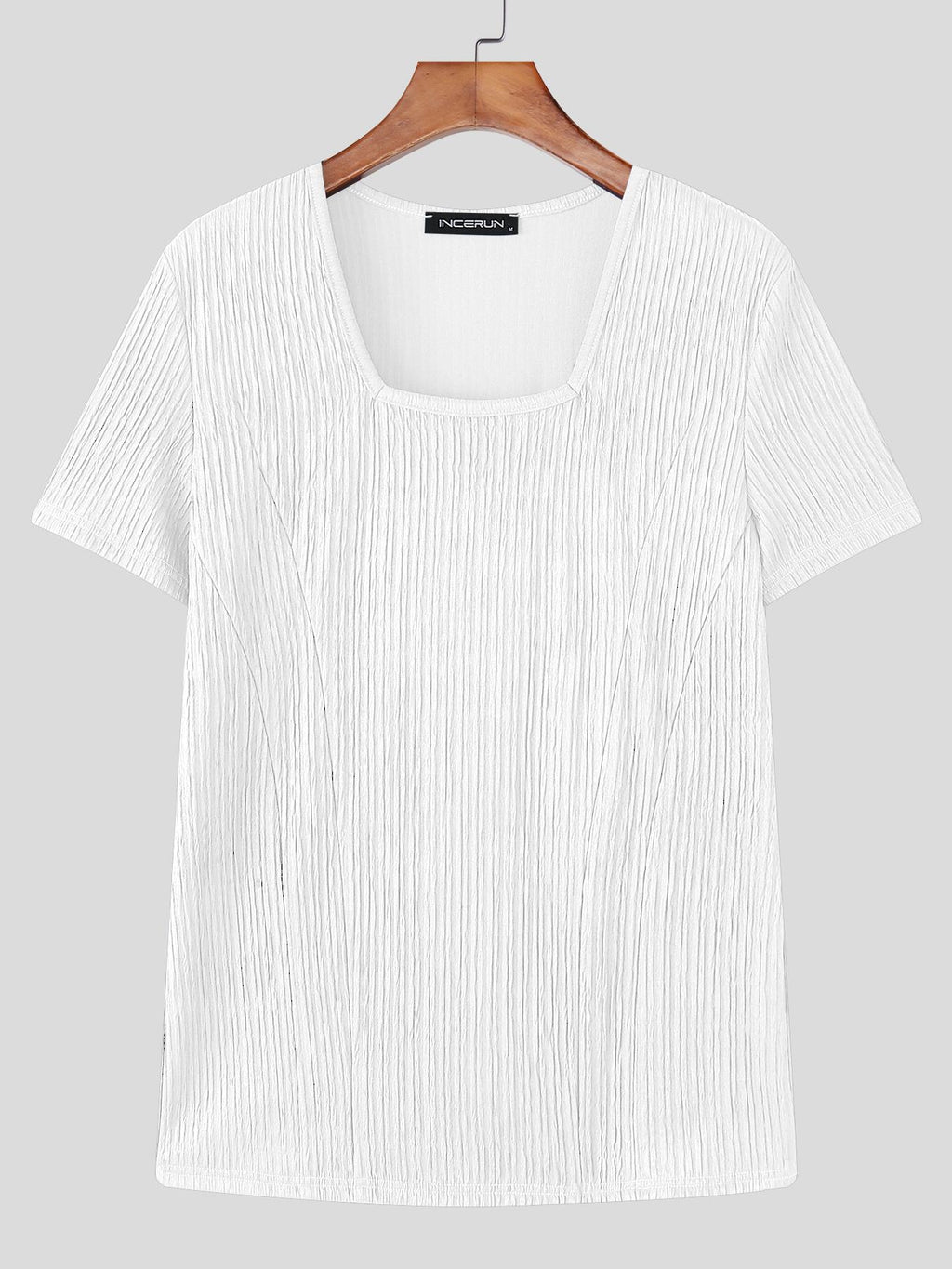 INCERUN Men Square Neck T-Shirt Short Sleeve Basic Tops Holiday Casual Solid Color Tops - White