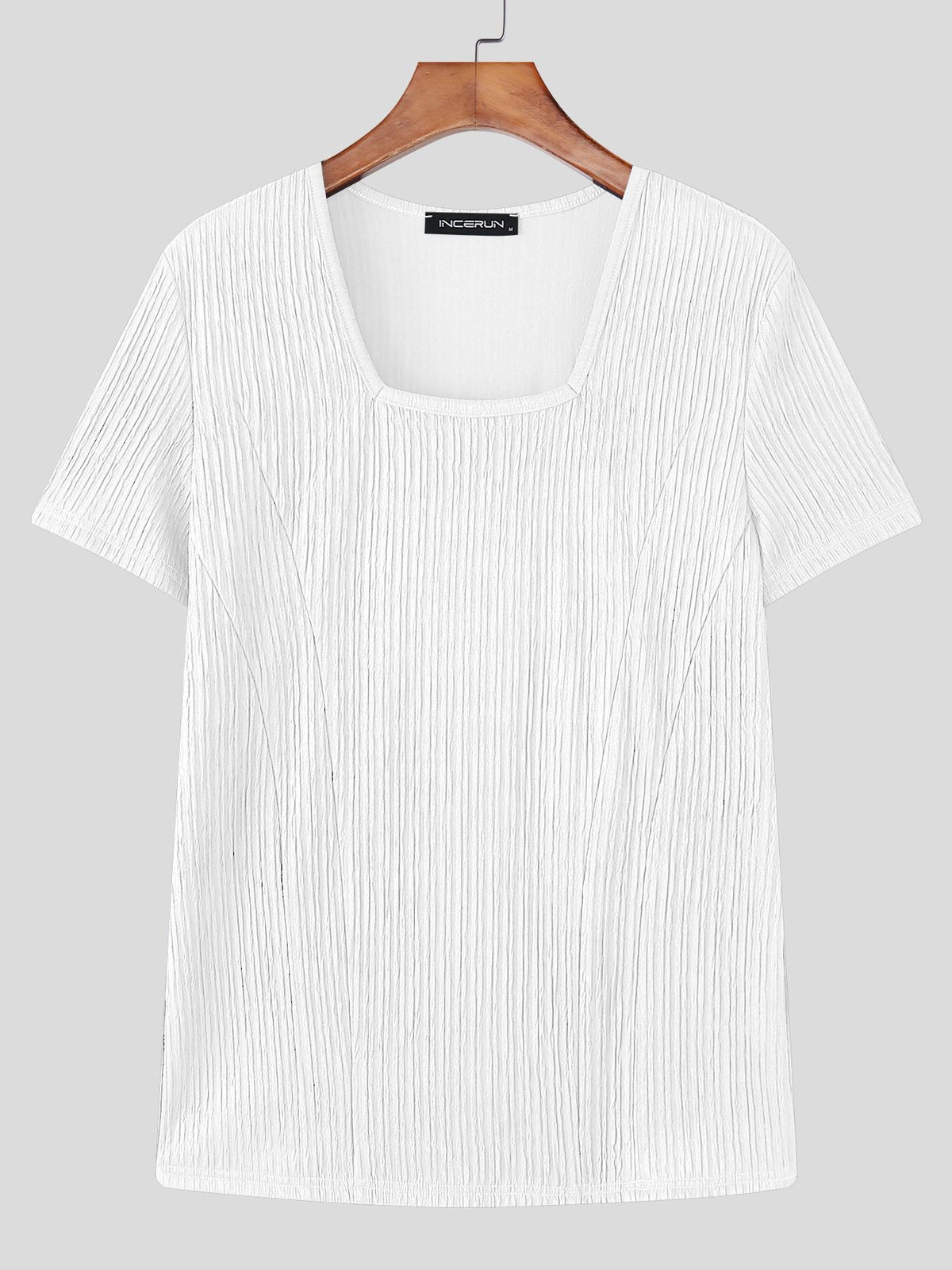 INCERUN Men Square Neck T-Shirt Short Sleeve Basic Tops Holiday Casual Solid Color Tops - White