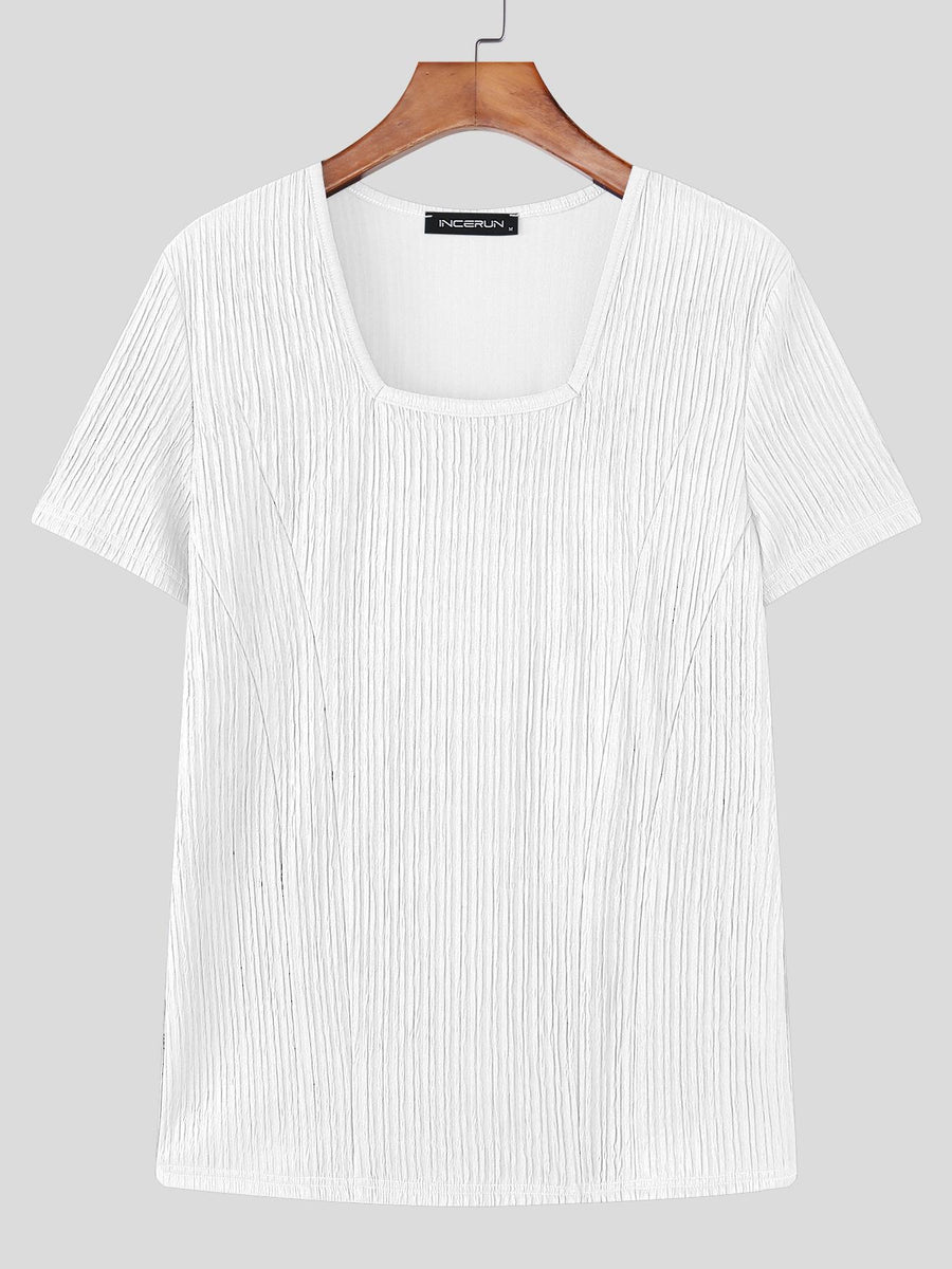 INCERUN Men Square Neck T-Shirt Short Sleeve Basic Tops Holiday Casual Solid Color Tops - White