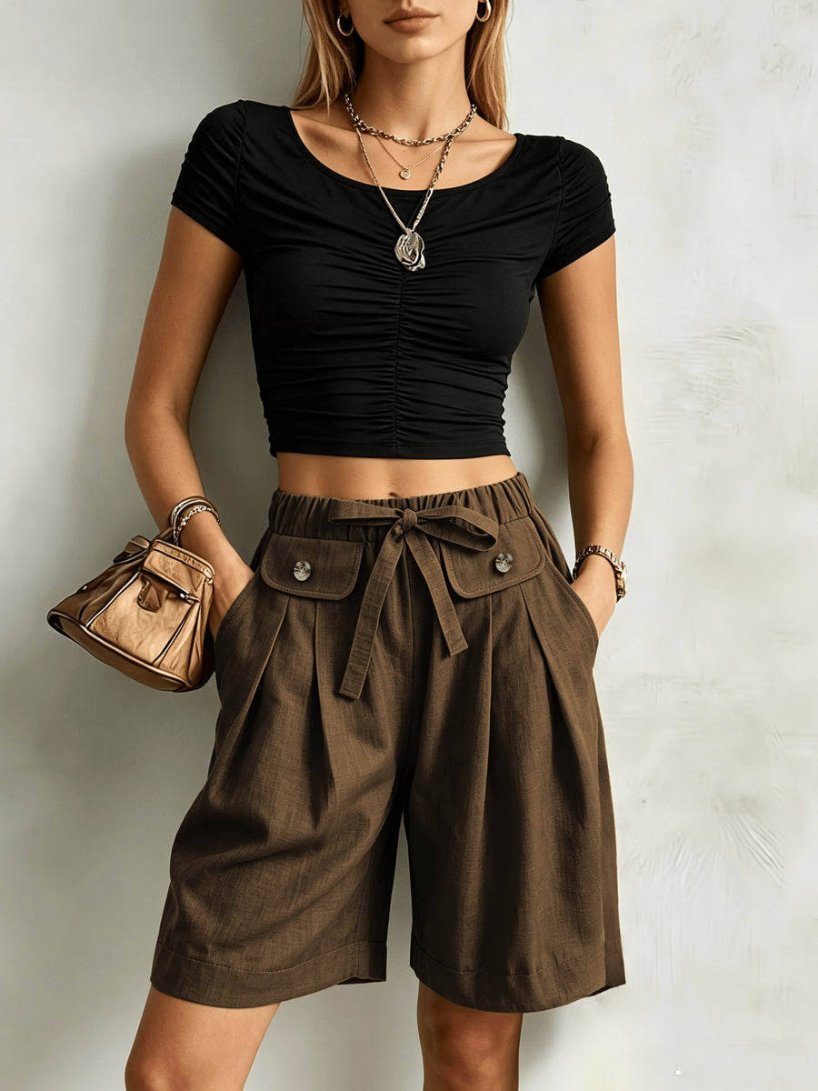 Women'S Casual Solid Color Straight Shorts, Retro Cargo Style Wide-Leg Bermuda Shorts, High-Waist Drawstring Pocket Design Loose Casual Trousers - Coffee Color