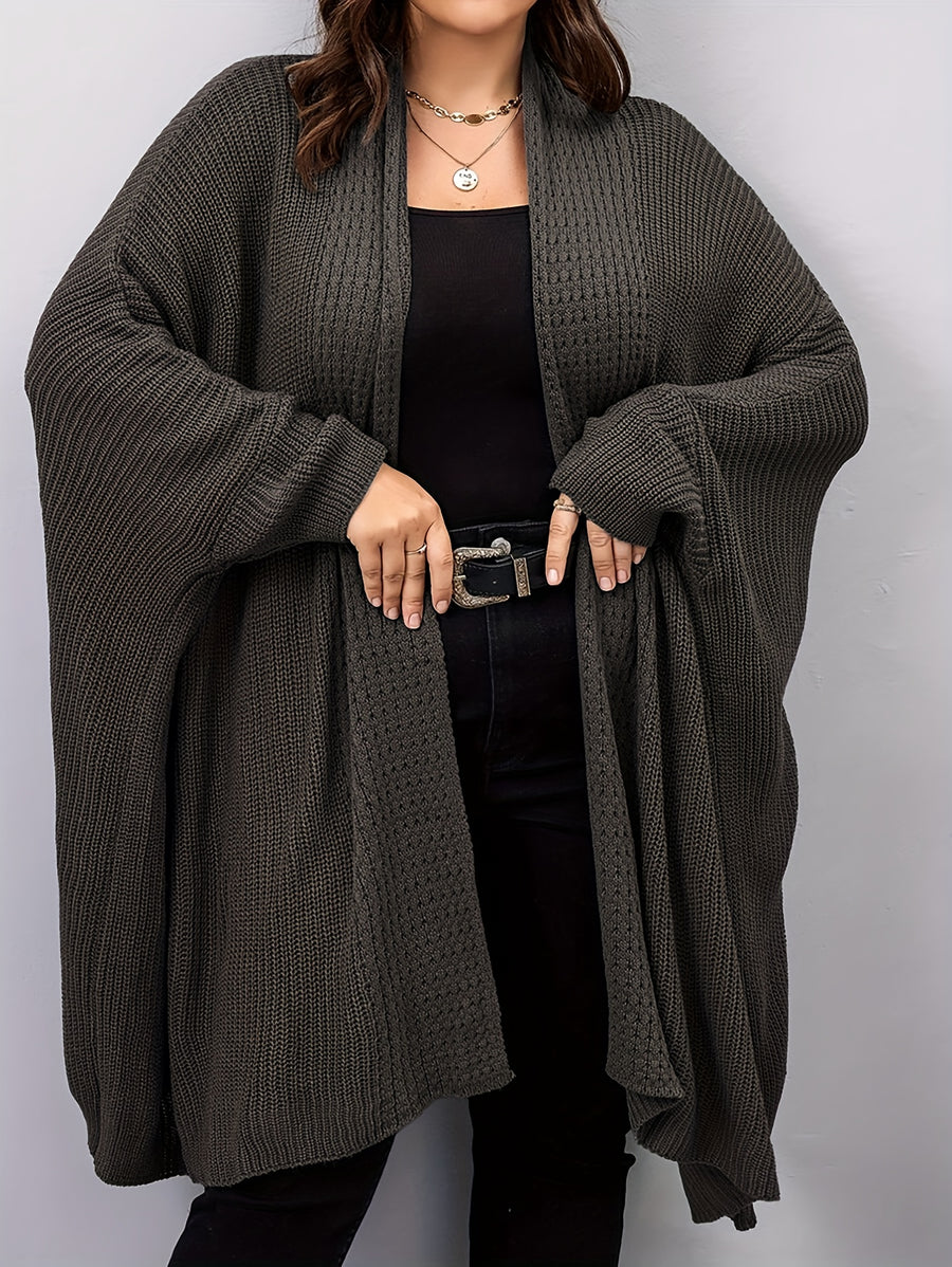 Plus Size, Plus Size Women's Batwing Sleeve Solid Open Front Cardigan - Dark Coffee
