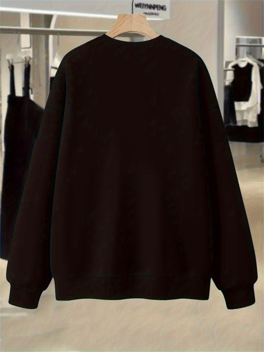 Plus Size, Extended Apparel: Women's Spring/Autumn/Winter Cross-Border European & American Plus-Size Simple Graphic Print Sweatshirt, Casual Crew Neck Sweatshirt, Women's Plus-Size Sweatshirt - Black