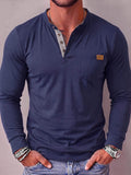 Men'S Fashion Top, Autumn Winter Outdoor Casual Sweater, Color-Block Patchwork Round Neck Single-Button Chest Pocket Patchwork Long Sleeve Men'S Henley Shirt, Knit - Royal Blue