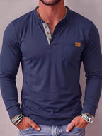 Men'S Fashion Top, Autumn Winter Outdoor Casual Sweater, Color-Block Patchwork Round Neck Single-Button Chest Pocket Patchwork Long Sleeve Men'S Henley Shirt, Knit - Royal Blue
