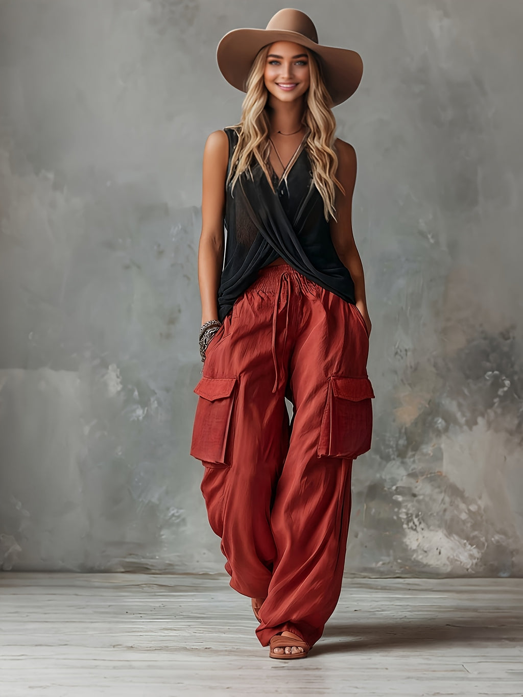Women'S Elegant Casual Outdoor Pocket Cargo Pants - Brick Red
