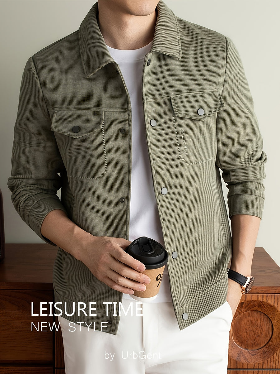 Men's Lightweight Textured Jacket with Button-Front & Collar - Soft Breathable Workwear Coat Suitable for Business Office, Travel, Casual Streetwear, Spring/Autumn Outerwear, Hand Washable Button-Up Blazer - Olive
