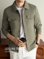 Men's Lightweight Textured Jacket with Button-Front & Collar - Soft Breathable Workwear Coat Suitable for Business Office, Travel, Casual Streetwear, Spring/Autumn Outerwear, Hand Washable Button-Up Blazer - Olive