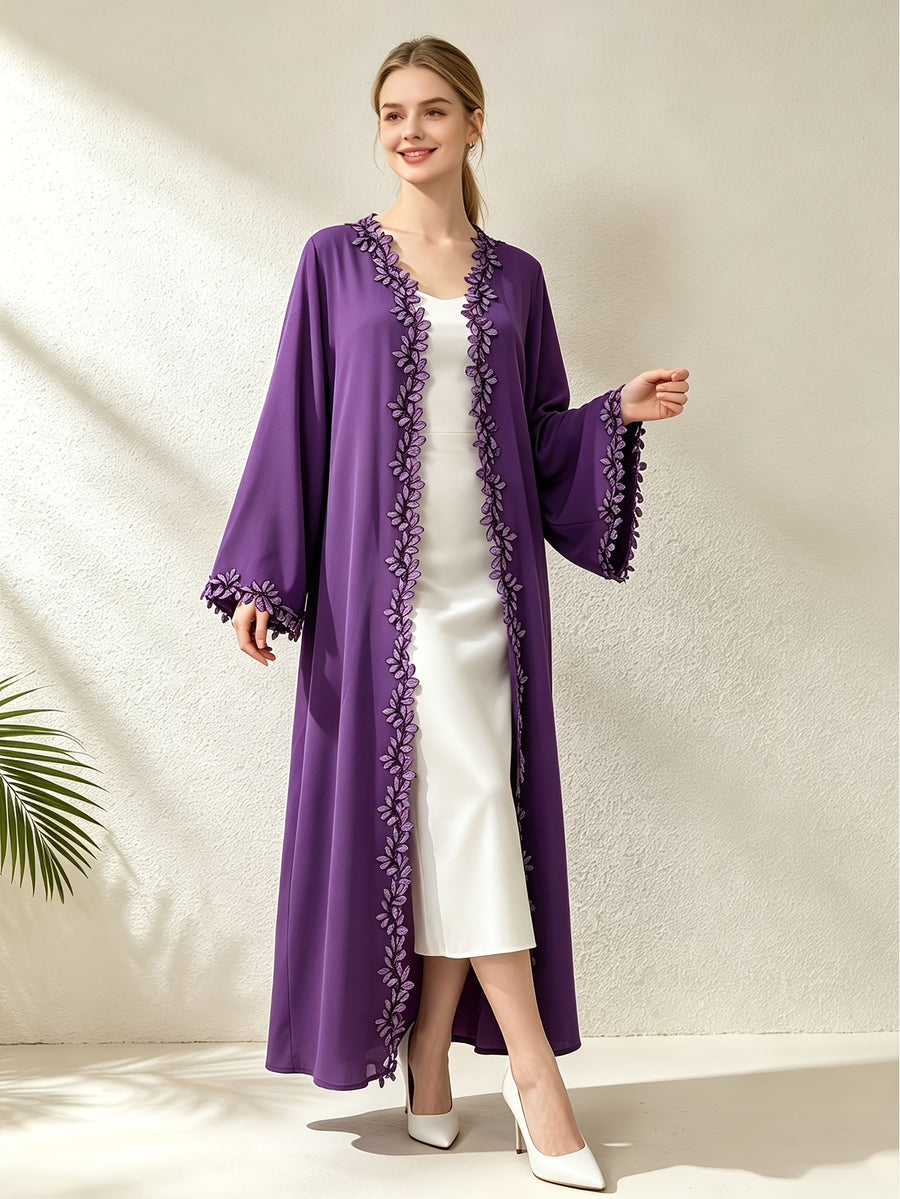 1pc Muslim Women's Arabic Robe - Elegant Middle Eastern Abaya Cardigan with 3 Floral Embroidery, Batwing Sleeves & Front Placket, Loose -Line Batwing Suitable for, Wedding Guest,, Daily Wear - Purple