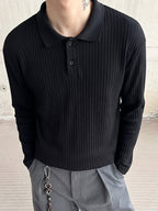 [Pearson OBM] Men'S Light Mature Commuter Vertical Pinstripe Lapel Long Sleeve Polo Shirt, Textured Two-Button Solid Top, Suitable for Spring/Autumn Office Business Date Wear - Black