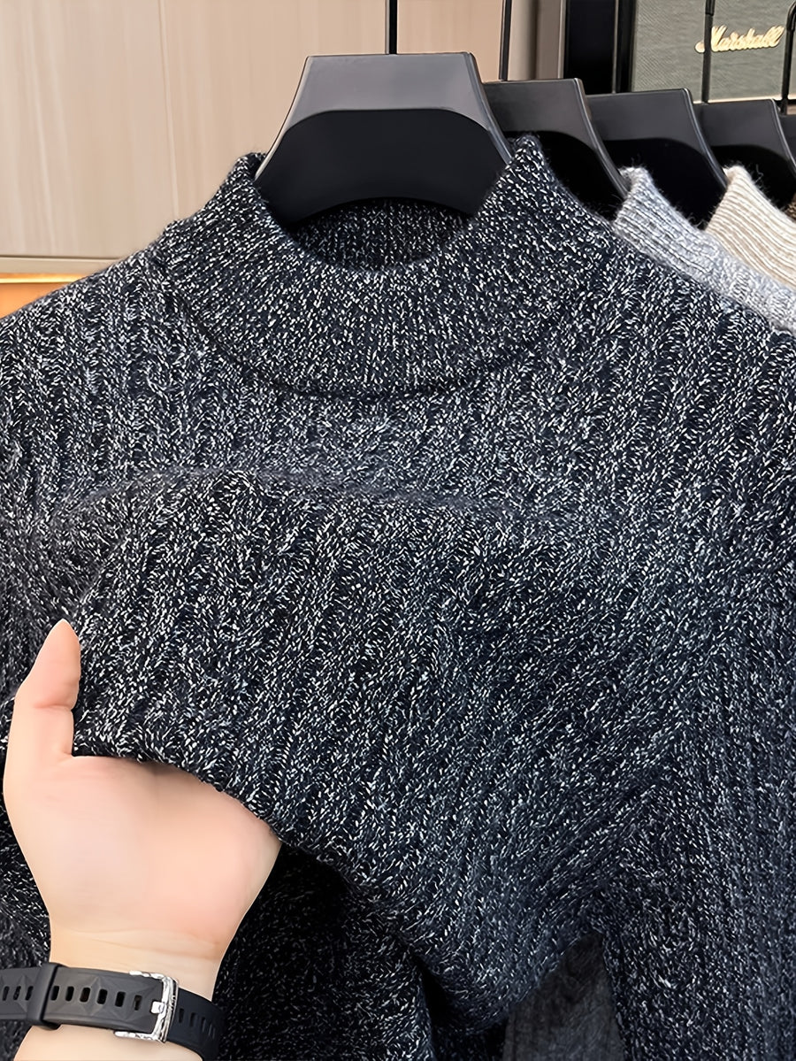 Men'S Semi-High Neck Jacquard Knit Sweater, Yarn Blend Thick Textured Velvet Base Layer, Stable Business Autumn Winter Knit Top - SINBOS - Black