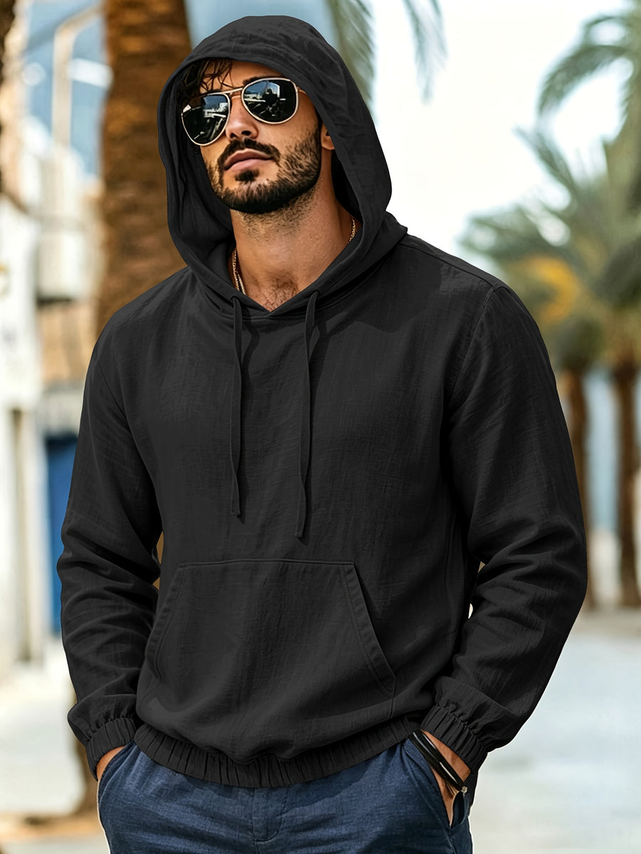 Men's New Spring/Autumn Linen Hooded T-Shirt, Suitable for Commuting, Parties, Outings, Travel, and Sports, Lightweight and Stylish Sweatshirt - Black