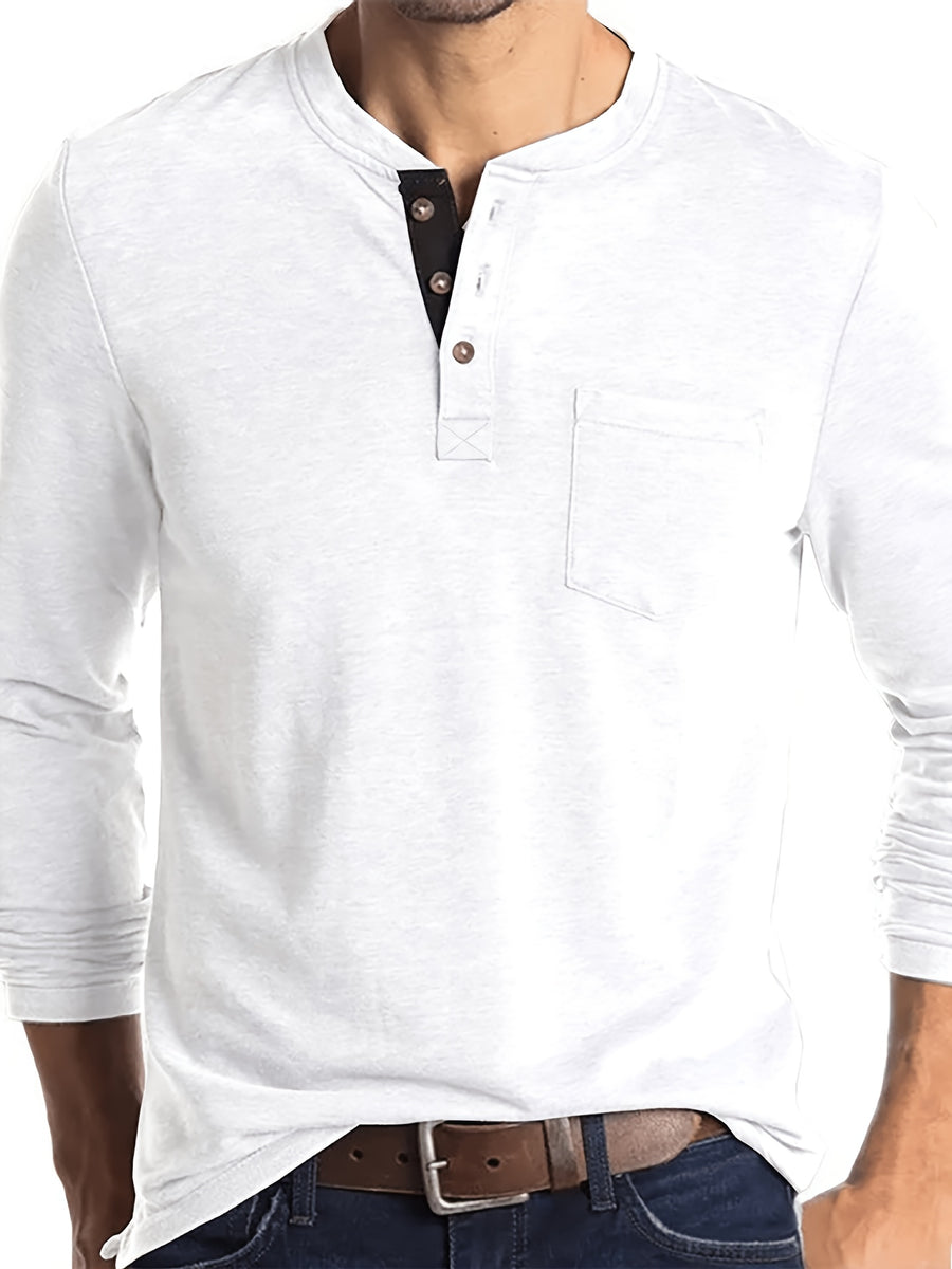 KJ-P026 Plus Size Men'S Summer Henley Long Sleeve Athletic Fitness Multicolor Base Layer T-Shirt - White