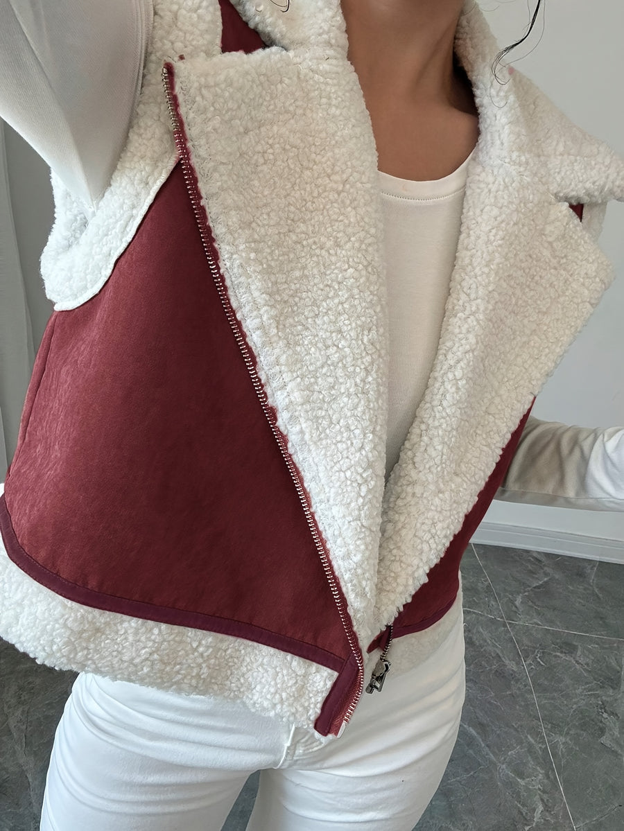 Women's Short Faux Lamb Sleeveless Vest Coat - Burgundy