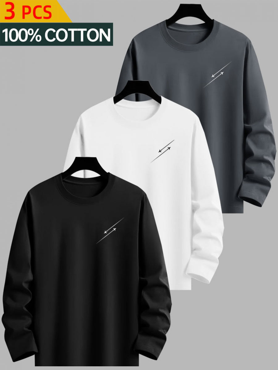 3pcs - 100% Cotton T-Shirts, Men's Casual Printed Round Neck Long Sleeve Tops, Suitable for Spring/Autumn Travel Modern Urban Style, Spring Fashion, Travel Clothing, Fashion Design, Printed T-Shirts, Breathable Fabric, Comfortable Fit, Daily Basic - Combination Color 2