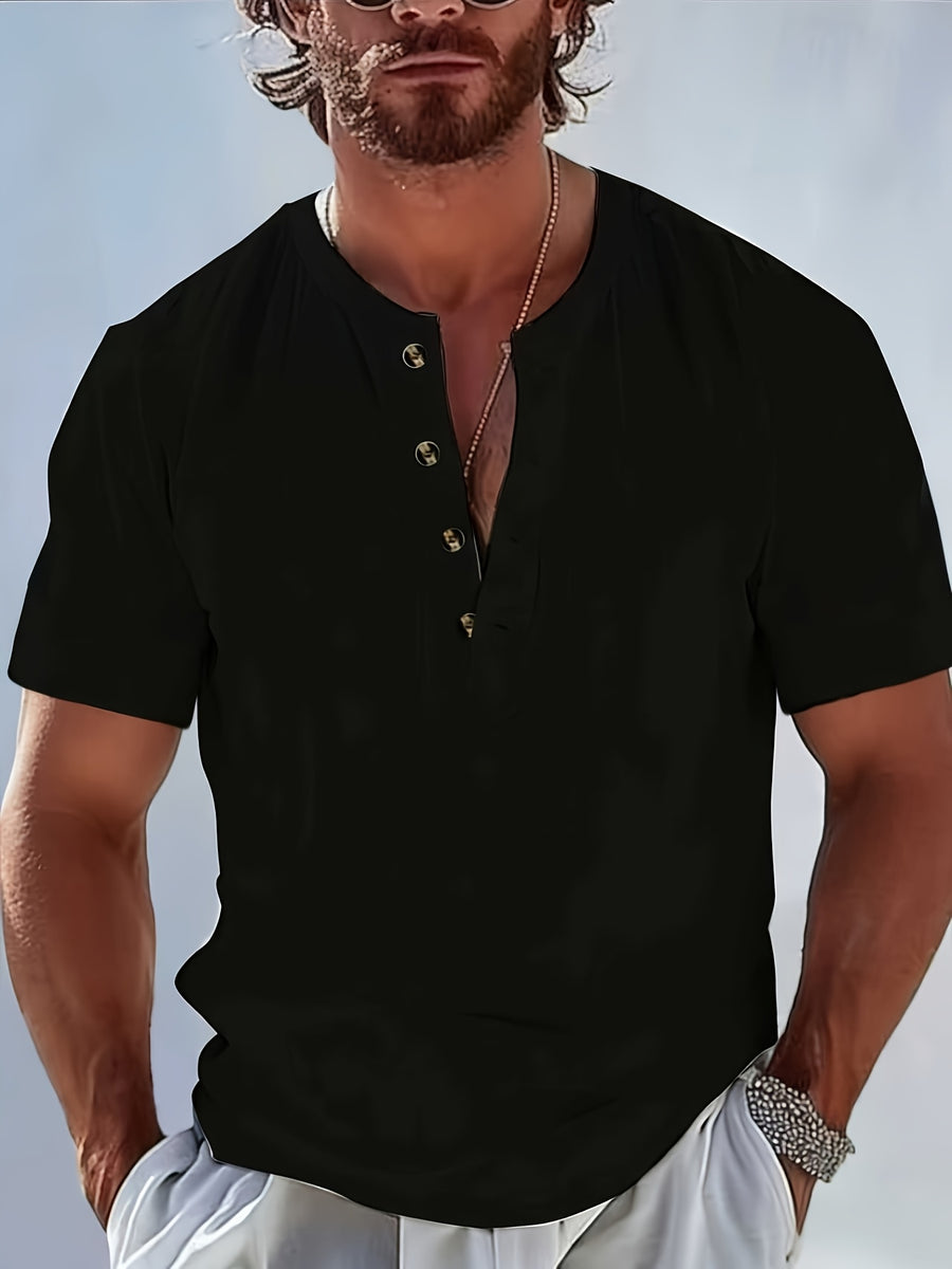 Men'S Stylish Polo Collar Linen Breathable Comfortable Casual Short-Sleeve Shirt - Black