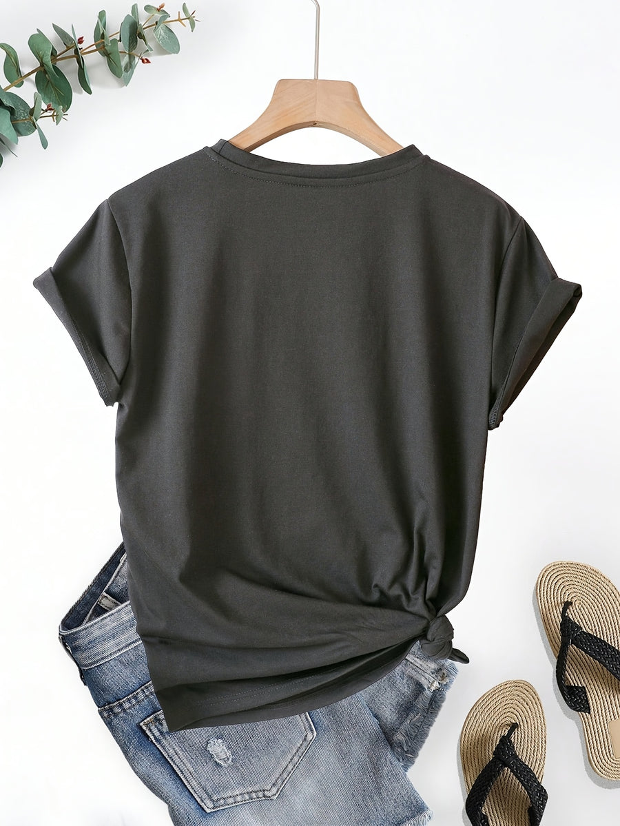 2025 Spring/Summer New Women's Short-Sleeve Top, Simple and Stylish Love Ring Pattern Print, Versatile Daily Wear Round Neck T-Shirt, Circle Pattern - Dark Gray