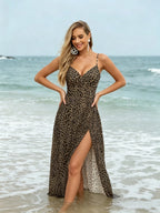 Women'S American Retro Spicy Style Floral Cami Dress, Double Slit Design Niche Waist-Cinching Long Dress - Leopard Print