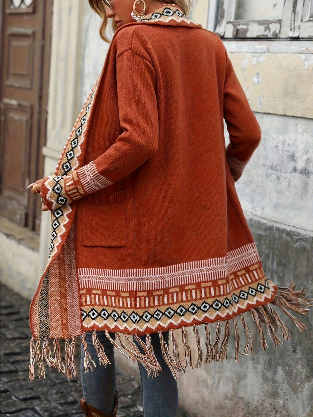 25th Anniversary Sweater Holiday Style New Arrival, Four Seasons Versatile Women's Clothing, Contrast Color Geometric Pattern with Hem Tassel Design, Long Elegant Long Sleeve Cardigan Coat - Orange-Red