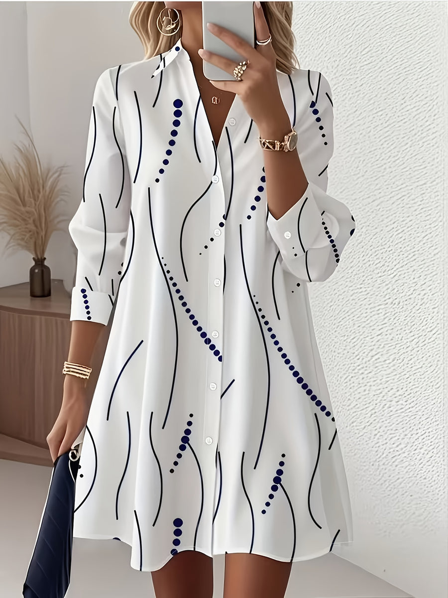 Elegant Women's Temperament Shirt Dress with Abstract Line Print, Flowy Loose-fit Shirt Dress, French-Style Relaxed Long-Sleeve Shirt Dress, Figure-Flattering Commuter Dress - Mixed colors