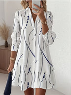 Elegant Women's Temperament Shirt Dress with Abstract Line Print, Flowy Loose-fit Shirt Dress, French-Style Relaxed Long-Sleeve Shirt Dress, Figure-Flattering Commuter Dress - Mixed colors